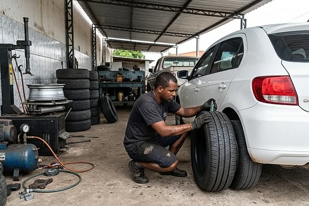 Pneus bem cuidados em uma borracharia.