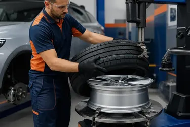 Profissional trocando pneus de um carro em uma borracharia.