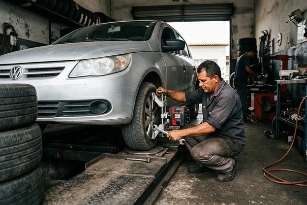 Técnico fazendo alinhamento de rodas de um carro.