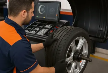 Técnico fazendo balanceamento de rodas em uma borracharia.