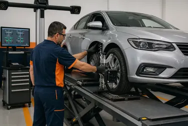 Técnico realizando alinhamento de rodas de um automóvel.