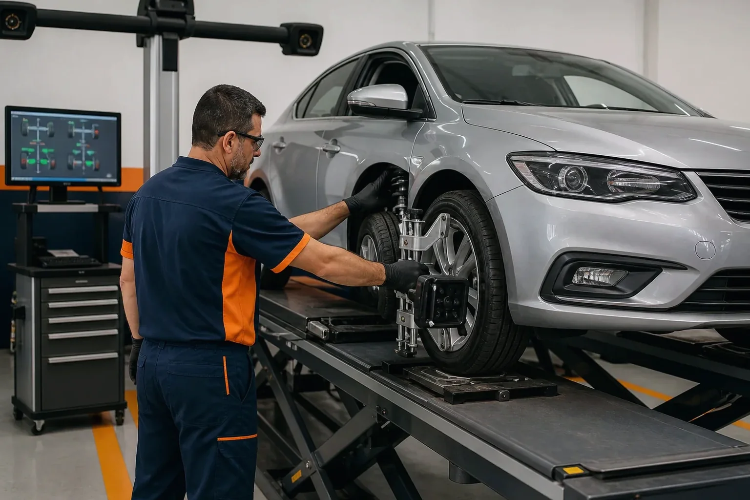 Técnico realizando alinhamento de rodas de um automóvel.