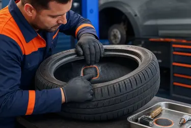 Técnico realizando conserto de pneus em uma borracharia.