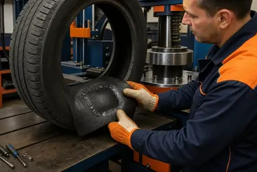 Técnico realizando vulcanização de um pneu danificado.